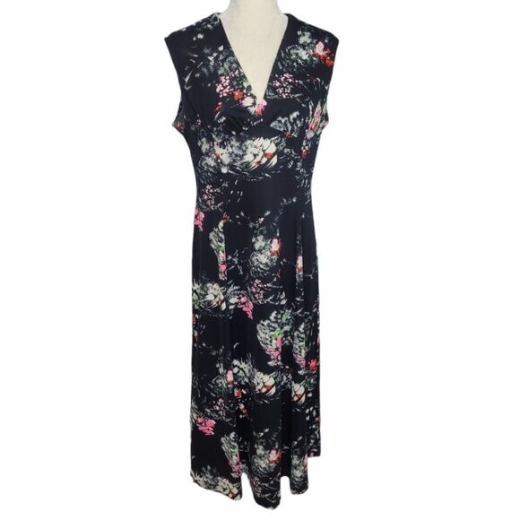 VINTAGE 60s/70s dress black floral‎ sleeveless midi  M - Picture 1 of 13